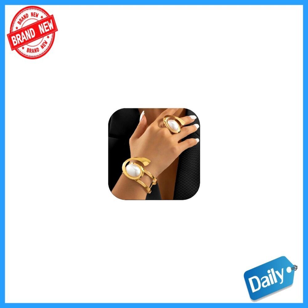 Vintage Gold Open Bracelet Ring Set with Exaggerated Oval Black Acrylic